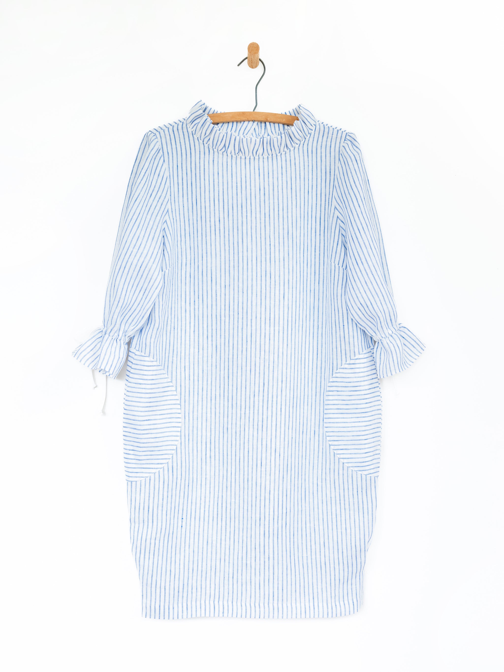 Ruffled Shift Dress in Linen Blue Plaid / Large